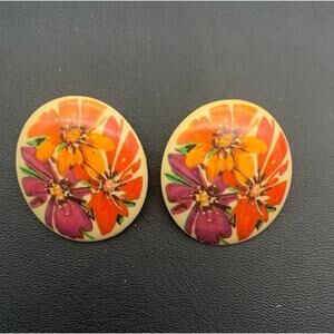 Vintage Avon Passion Flower Orange Purple Acrylic Plastic Stud 1.3” Earrings
